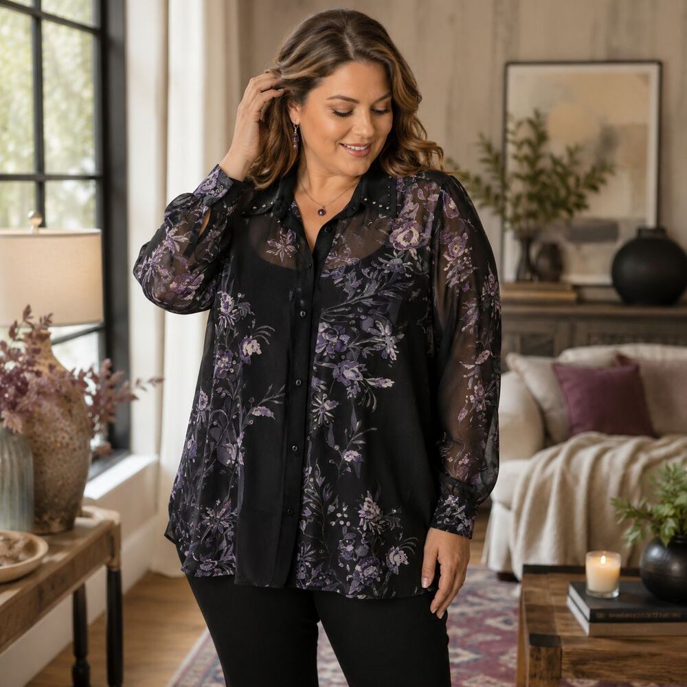 Eva Blue Womens Plus 18 Black Purple Beaded Sheer Layering Button Down Blouse